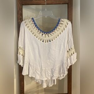 Listiele Cream and Blue Crochet Trim Blouse